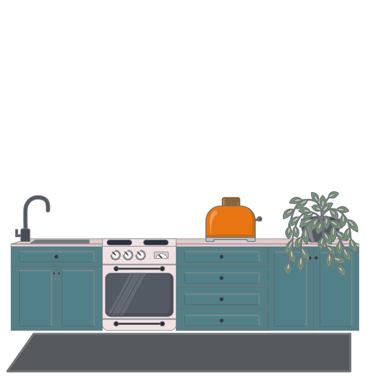 Scene 1 environment including a cozy staff kitchen with a toaster and a plant to the right of it