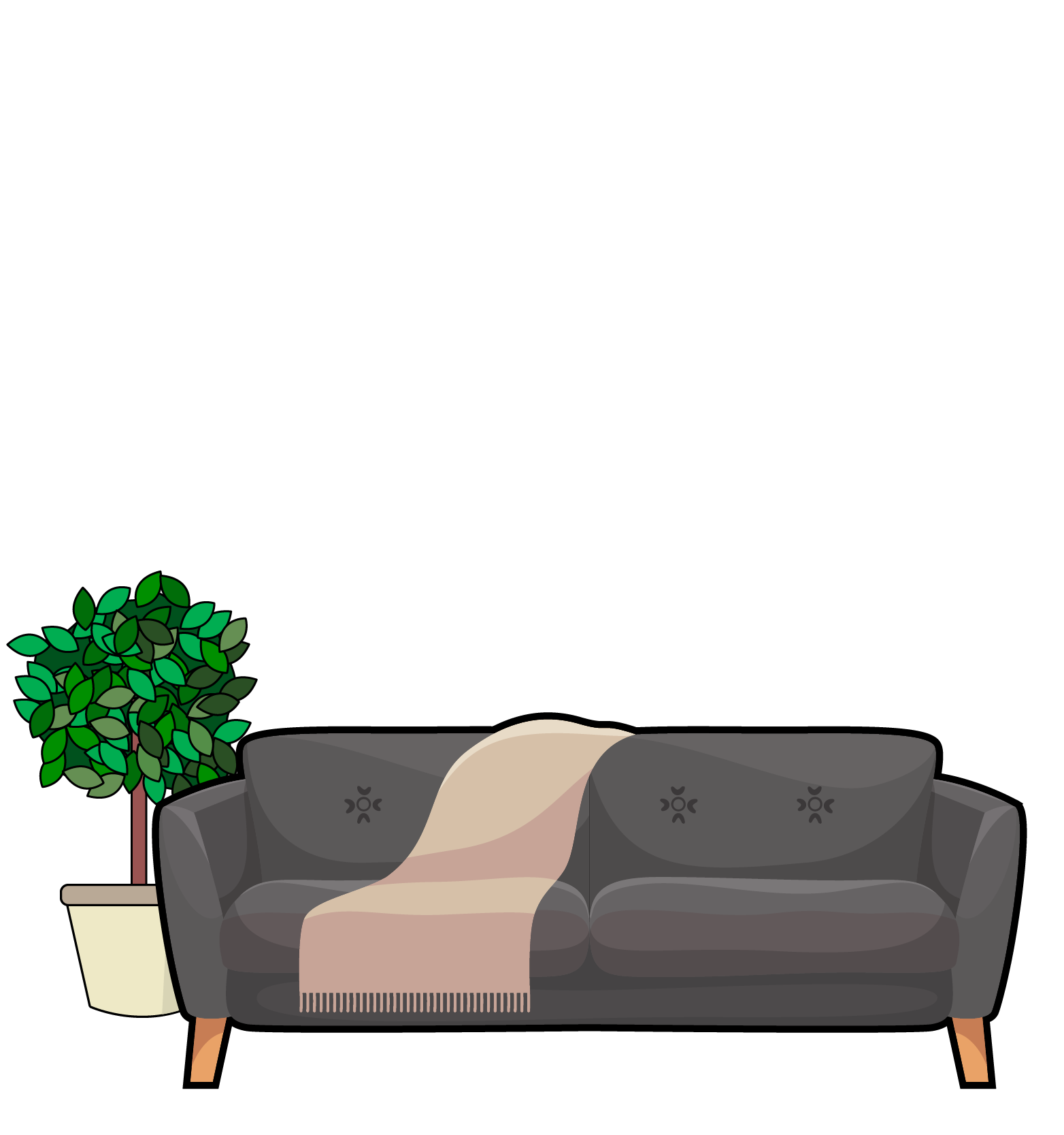 Malcolm's living room, featuring a sofa and a plant to the left of it