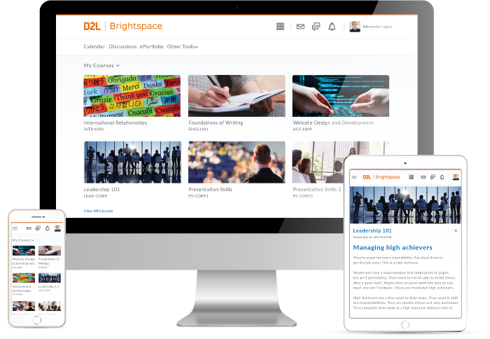 D2L Learning Management System, Screenshots of the intuitive homepage on Desktop, Mobile and Tablet devices