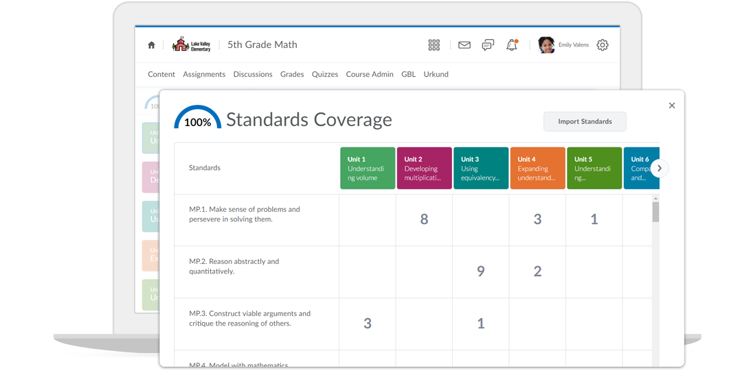 Screenshot of content and standards mapping feature in Brightspace