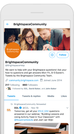Captura de pantalla de Twitter del teléfono con la comunidad de Brightspace