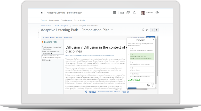 Screenshot of the adaptive learning engine in Brightspace for Higher Education