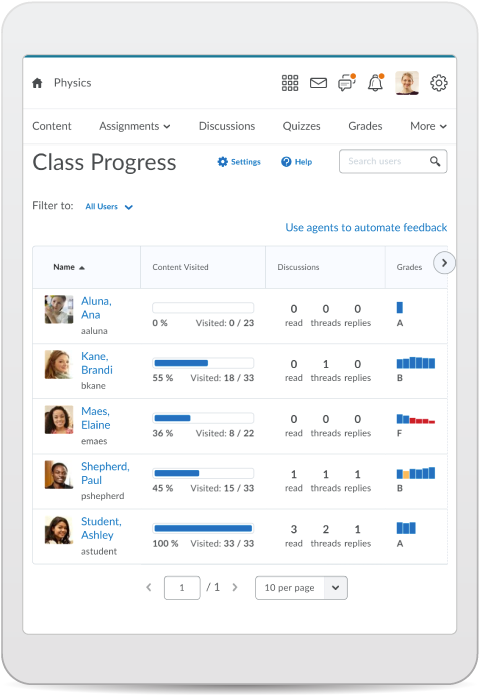 Class Progress screenshot on tablet