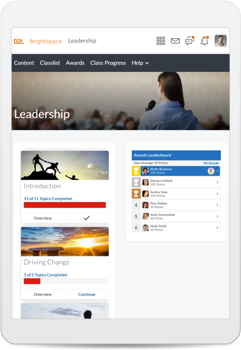 Screenshot van een cursus over leidinggeven op Brightspace