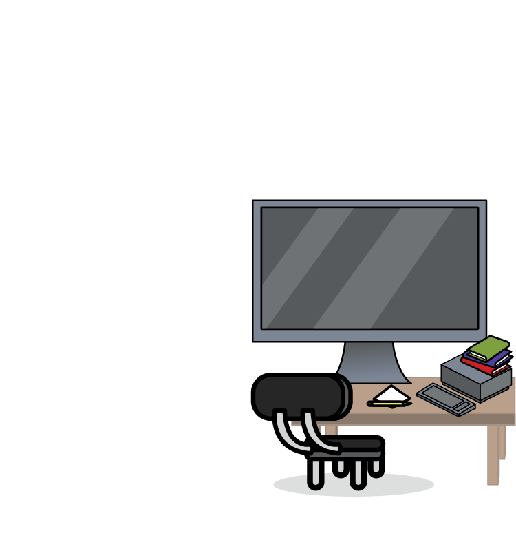 Scène met een computer, een bureau en een bureaustoel.