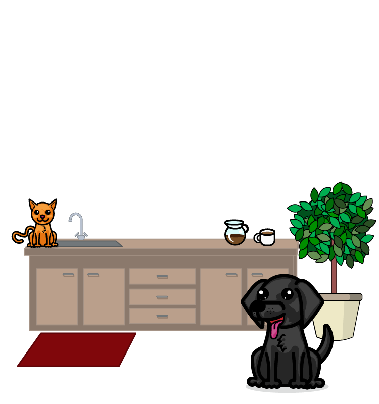 Scène 1 omgeving inclusief een aanrecht met een kat en koffie erop, plus een zwarte hond.