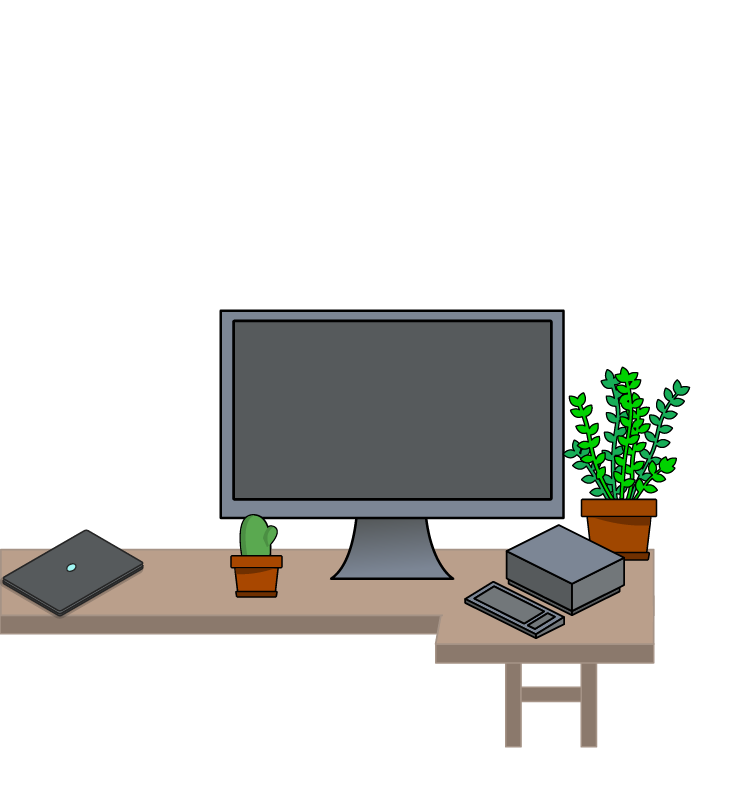 Scene met Fatima zittend achter een bureau met daarop een computermonitor, een laptop en een paar planten