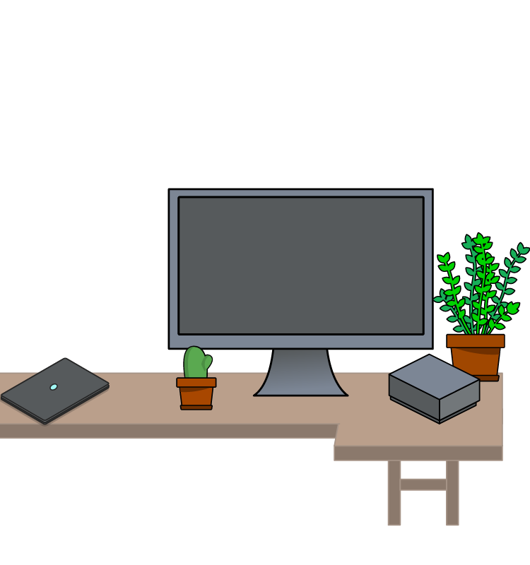 Scène met een computermonitor, een laptop en een paar planten op een bureau